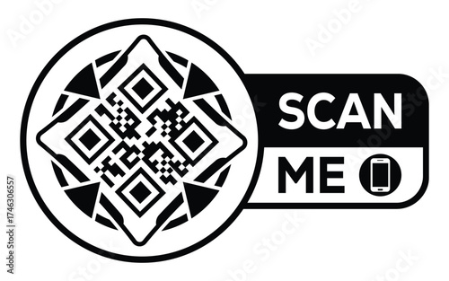 Minimalist black and white QR code label design with "SCAN ME" message, modern style, ideal for marketing, digital menus, business promotions, and mobile-based contactless solutions.
