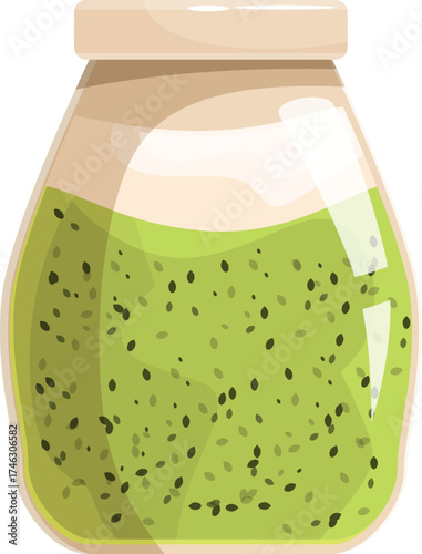 Glass jar containing chia seeds immersed in a vibrant green liquid, embodying health and nutrition