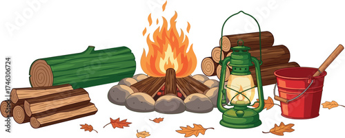  Vector art of campfire with logs, lantern, and bucket