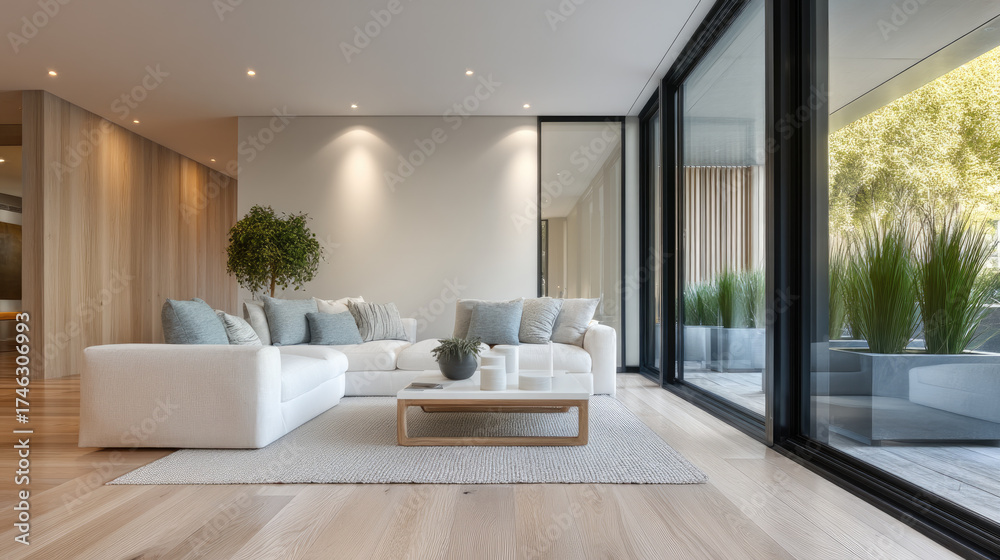 Fototapeta premium Modern lounge room with white sofa, large windows, indoor plant, wooden floor, and natural light creates calm, inviting atmosphere