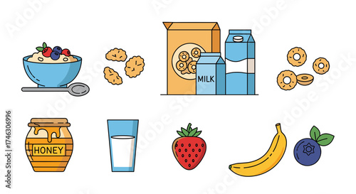A collection of healthy breakfast food icons, including cereal, oatmeal, milk, honey, and fresh fruit.