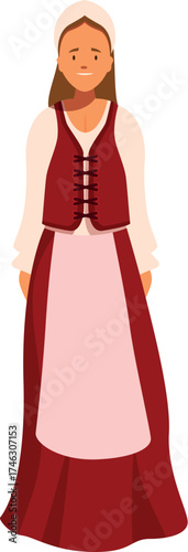Young woman wearing a traditional medieval dress and bonnet, representing historical fashion and cultural heritage