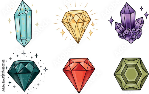  Vector art of collection of six colorful faceted gemstones and crystals, including diamonds, emeralds, and amethysts, with sparkling effects
