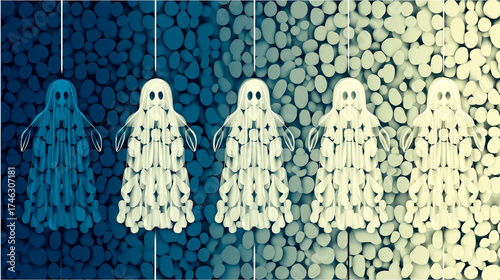 Fototapeta Naklejka Na Ścianę i Meble -  Cute White and Blue Cartoon Ghosts in a Row