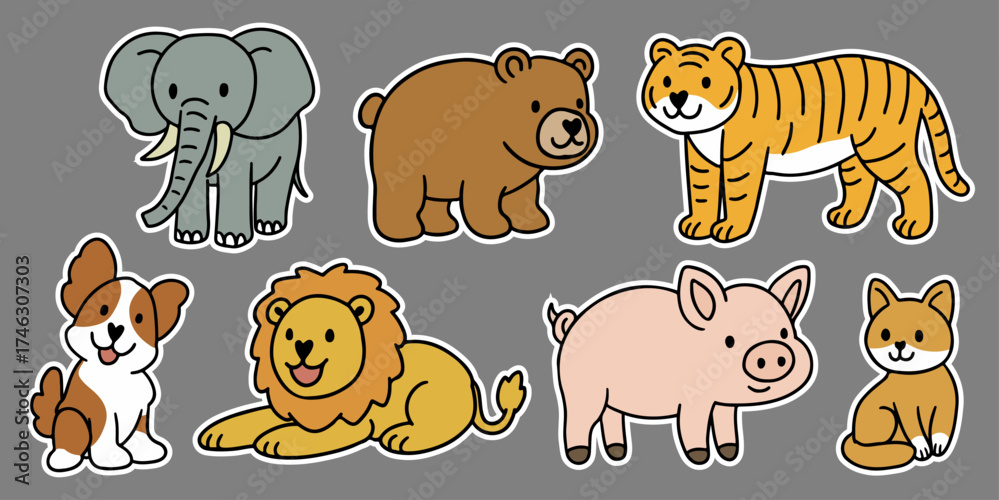Obraz premium animal set cute lion dog puppy elephant bear tiger pig pork cat squirrel duck rabbit bunny hare chicken rooster sticker