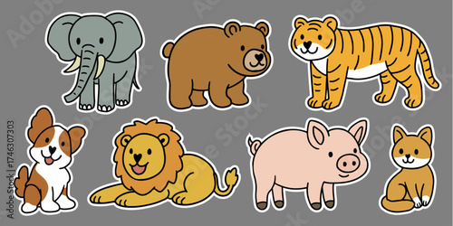 animal set cute lion dog puppy elephant bear tiger pig pork cat squirrel duck rabbit bunny hare chicken rooster sticker