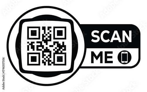 Minimalist black and white QR code label design with "SCAN ME" message, modern style, ideal for marketing, digital menus, business promotions, and mobile-based contactless solutions.