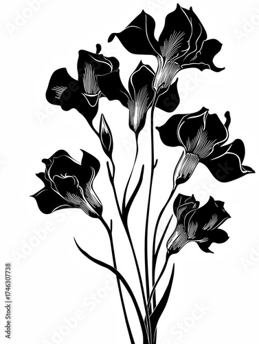 Gothic Black and White Iris Illustration with Magical Concept and Copy Space on White Background