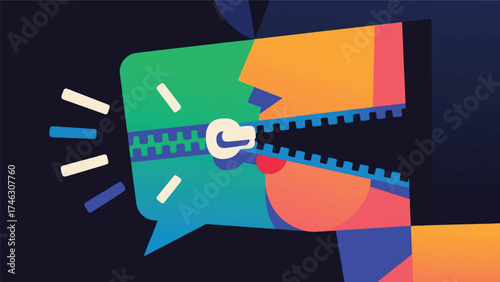 Illustration Of The Act Of Muting A Chat Thread, Visualized As A Zipper Closing Over The User's Mouth And The Noisy Message Bubble Vector Design Template