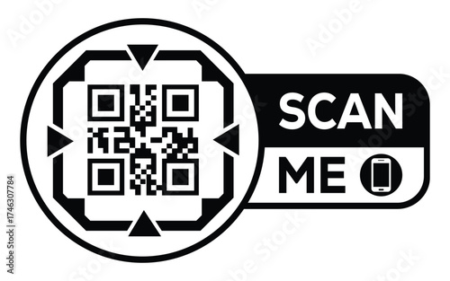 Minimalist black and white QR code label design with "SCAN ME" message, modern style, ideal for marketing, digital menus, business promotions, and mobile-based contactless solutions.