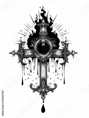 Gothic Black and White Iris Illustration with Magical Concept and Copy Space on White Background
