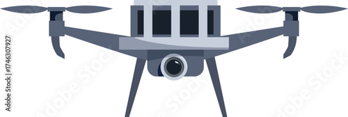 Grey quadcopter drone with camera, hovering and recording