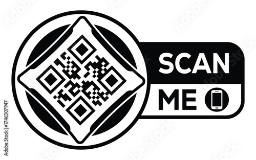 Minimalist black and white QR code label design with "SCAN ME" message, modern style, ideal for marketing, digital menus, business promotions, and mobile-based contactless solutions.