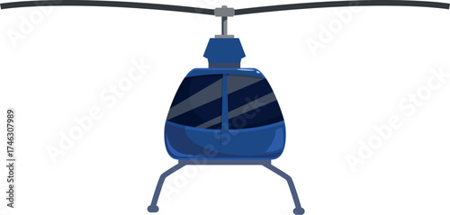 Modern blue helicopter hovering in the air, rotor blades spinning, front view