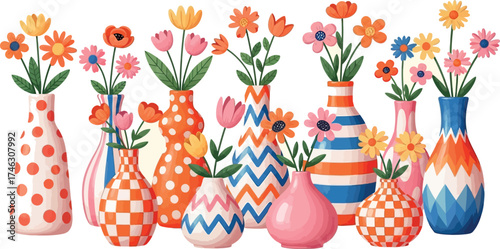  Vector art of a vibrant collection of whimsical, patterned vases filled with colorful, stylized flowers, isolated on a