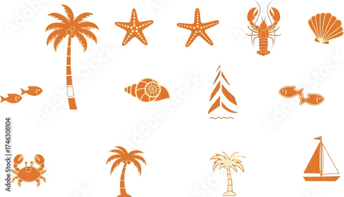  Vector art of collection of orange tropical beach and sea icons, including palm trees, starfish, fish, lobster, seashell, crab, and sailboat