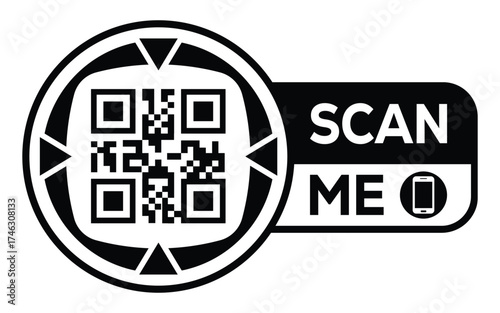 Minimalist black and white QR code label design with "SCAN ME" message, modern style, ideal for marketing, digital menus, business promotions, and mobile-based contactless solutions.