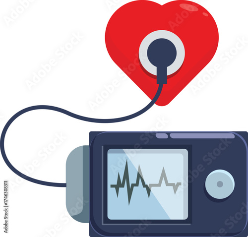 Portable heart rate monitor displaying pulse waveform, connected to a red heart symbol, representing cardiac health and monitoring