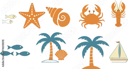  Vector art of collection of marine life and beach elements including starfish, seashell, crab, lobster, fish, palm trees, and sailboat