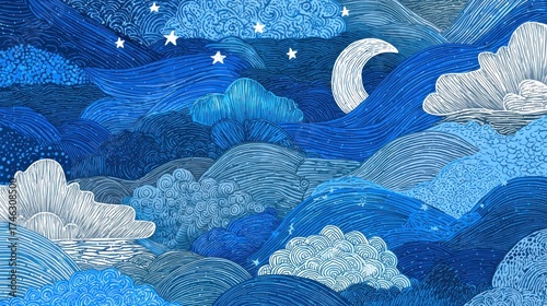 Artistic illustration of a night sky with clouds moon and stars in various shades of blue