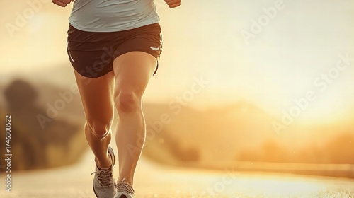 Runners legs in motion at sunset, wearing athletic shorts and running shoes, golden light highlighting muscle definition and stride power.