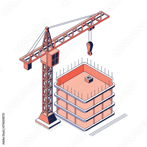 Isometric construction crane and building under development with coral and navy blue colors urban