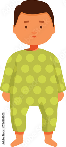 Cartoon illustration of a little boy wearing green dotted pajamas standing barefoot