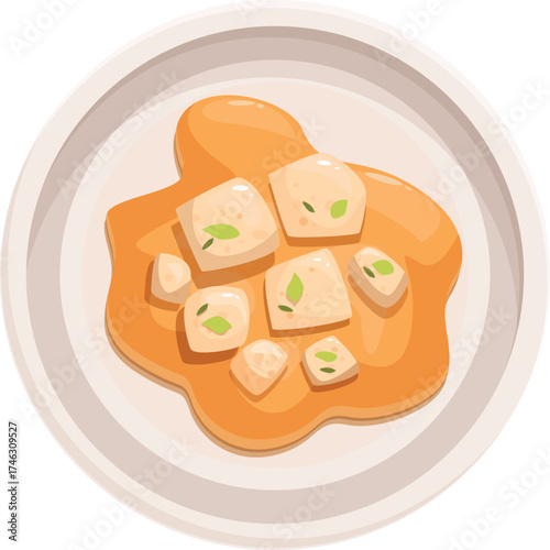 Pieces of tofu seasoned with herbs, bathed in a vibrant orange sauce, served on a round plate, creating a visually appealing culinary scene