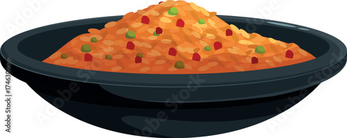 Steaming hot pilaf rice dish seasoned with herbs and vegetables served in a black bowl