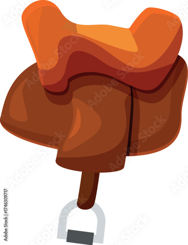 Cartoon illustration of brown leather horse saddle with stirrup hanging down, isolated on white background