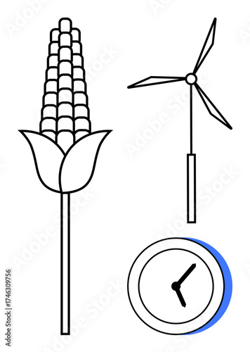 Corn plant, wind turbine, and clock emphasizing renewable resources, sustainable energy, agriculture, and time. Ideal for eco-consciousness, green energy, environmental preservation resource