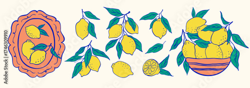 Lemons with leaves doodle illustrations. Hand drawn vintage vector graphic. Modern summer floral print for posters and cards.