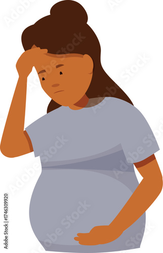 Pregnant woman suffering from headache, touching her forehead with hand, experiencing discomfort and hormonal changes