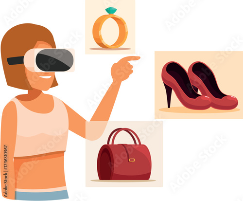 Woman wearing vr headset choosing fashion accessories like handbag, high heels and ring shopping online