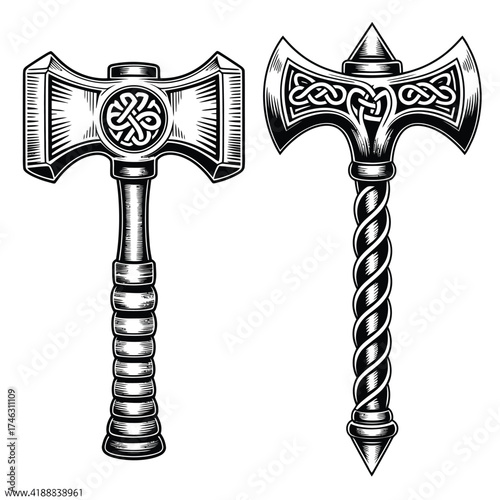 Two viking thor hammers mjolnir with celtic knot designs