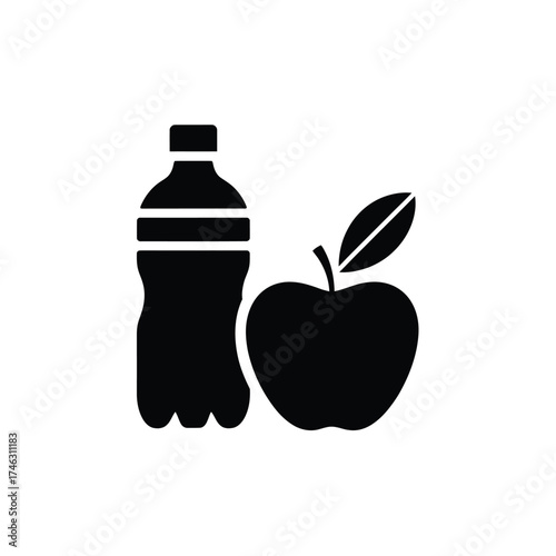 Black silhouette of a water bottle and a fresh apple