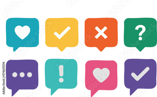 Collection of colorful speech bubble icons with common symbols like hearts, checkmarks, crosses, question marks, and dots