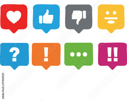 Colorful vector set of social media notification icons representing user feedback, likes, dislikes, and online communication