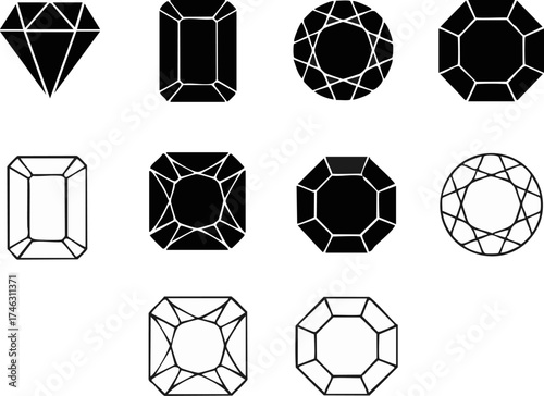 Vector icon collection of various gemstone cuts, including brilliant, emerald, and cushion shapes, perfect for jewelry design, luxury branding, and sophisticated graphic elements