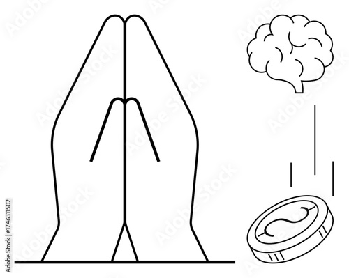 Hands joined in prayer alongside a floating brain and dropping coin portraying concepts thumbs up mindfulness, charity, mental clarity, spiritual wealth, meditation, altruism, and gratitude. Simple
