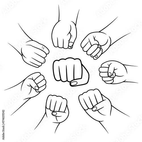 Multiple fists clenched together in a circle formation