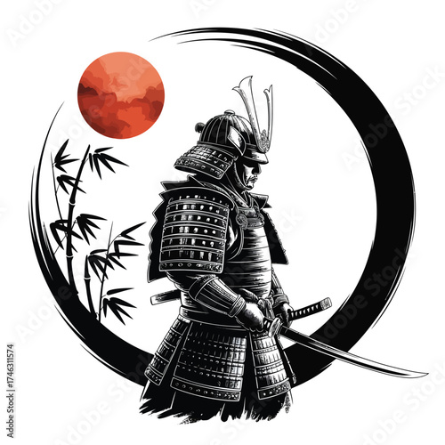 Samurai warrior in traditional armor under a red sun and bamboo