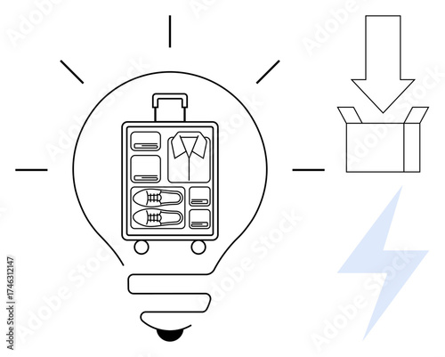 Light bulb containing organized suitcase. Arrow points to open box with lightning bolt nearby. Ideal for travel, organization, innovation, packing solutions, creativity, minimalism, productivity