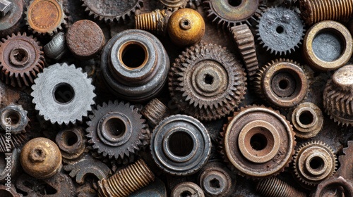 Assortment of various metal gears and cogwheels against a textured surface