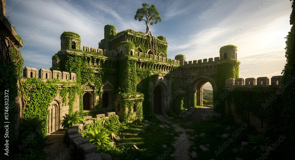 Obraz premium Explore the ancient overgrown castle ruins with nature reclaiming the architecture and history today now