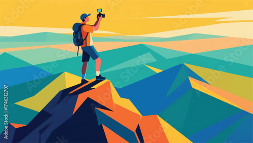 Illustration Of Travel Vlogger Standing On A Mountain Peak, Holding Up A Camera While A Live Stream Vector Design Template
