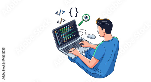 Programmer Working on Laptop with Code and Magnifying Glass.