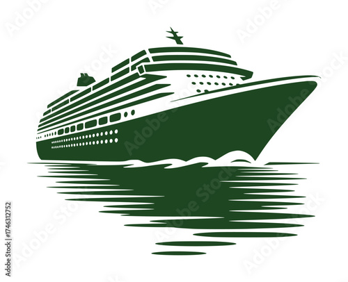 A stylized green silhouette of a cruise ship sailing on water