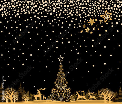 Luxury Gold Greeting Card Celebration black background with Landscape,  star, Christmas tree, deers and place for your text. Art design celebrate party invitation template Abstract Winter Night Vector