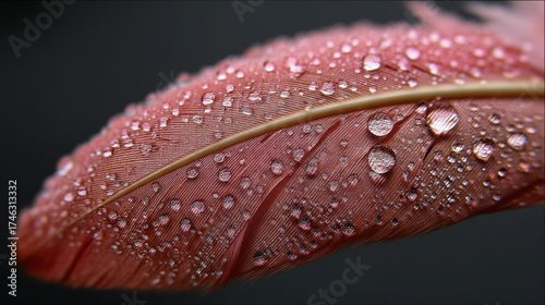 Delicate Pink Feather Adorned with Droplets of Water Against a Soft Dark Background Revealing Intricate Details of Nature's Beauty